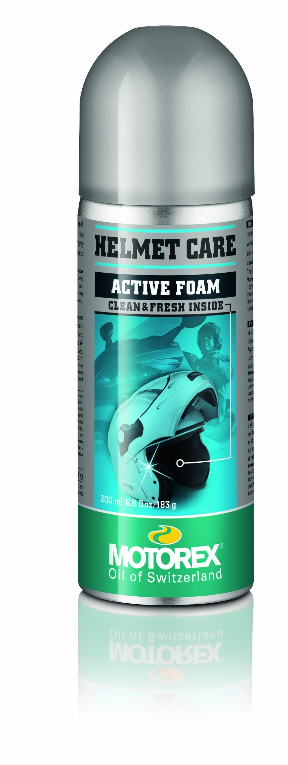Motorex helmet care front packaging showing 200ml aerosol for quick cleaning