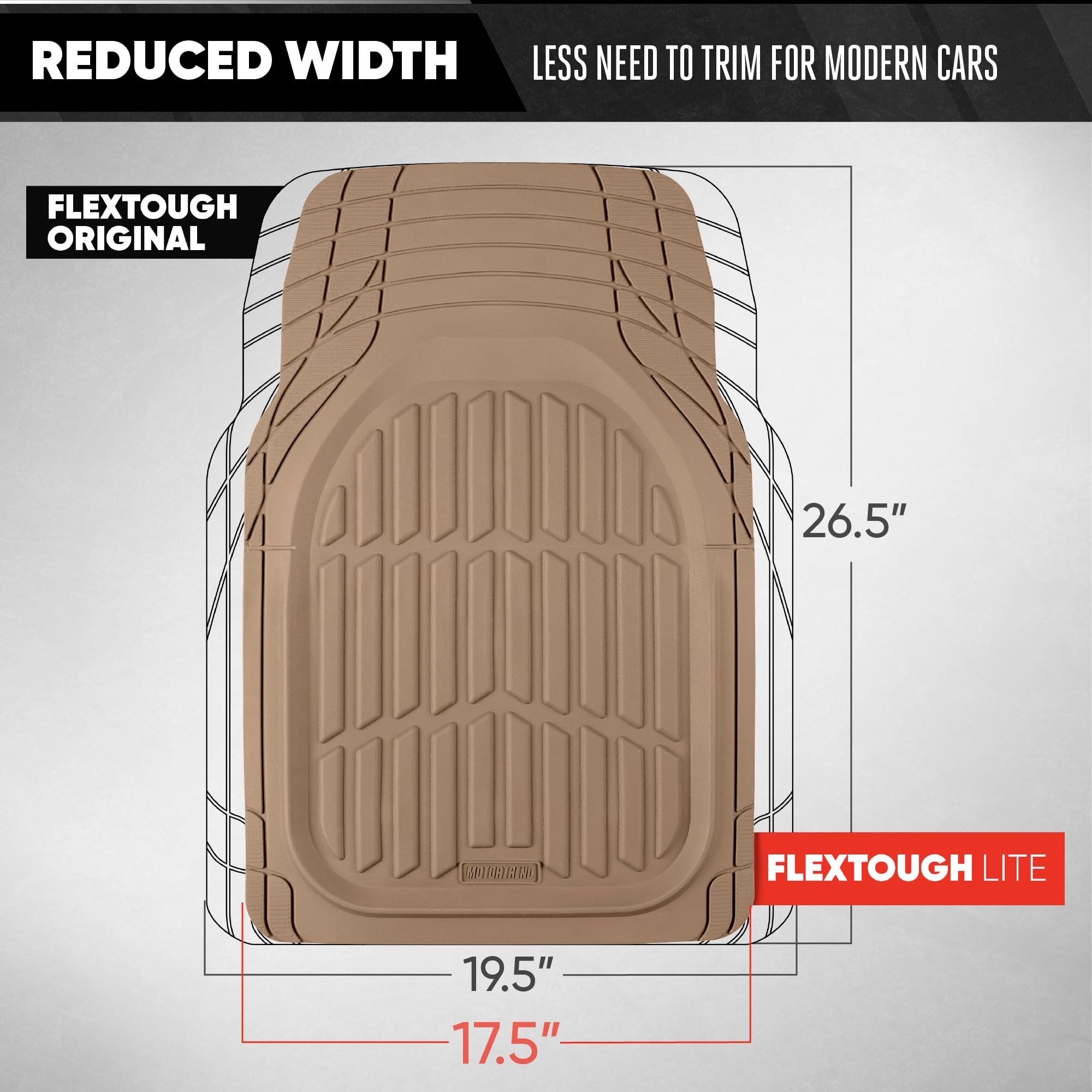 Motor Trend FlexTough beside ruler showing dimensions for precise trimming