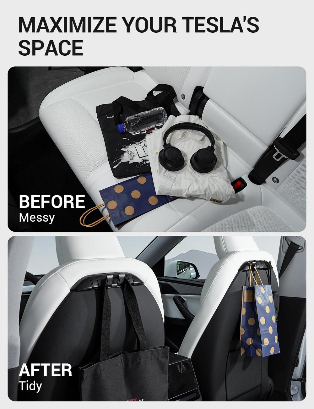 Motrobe installed on Tesla seatback front view, brand keeps cabin tidy