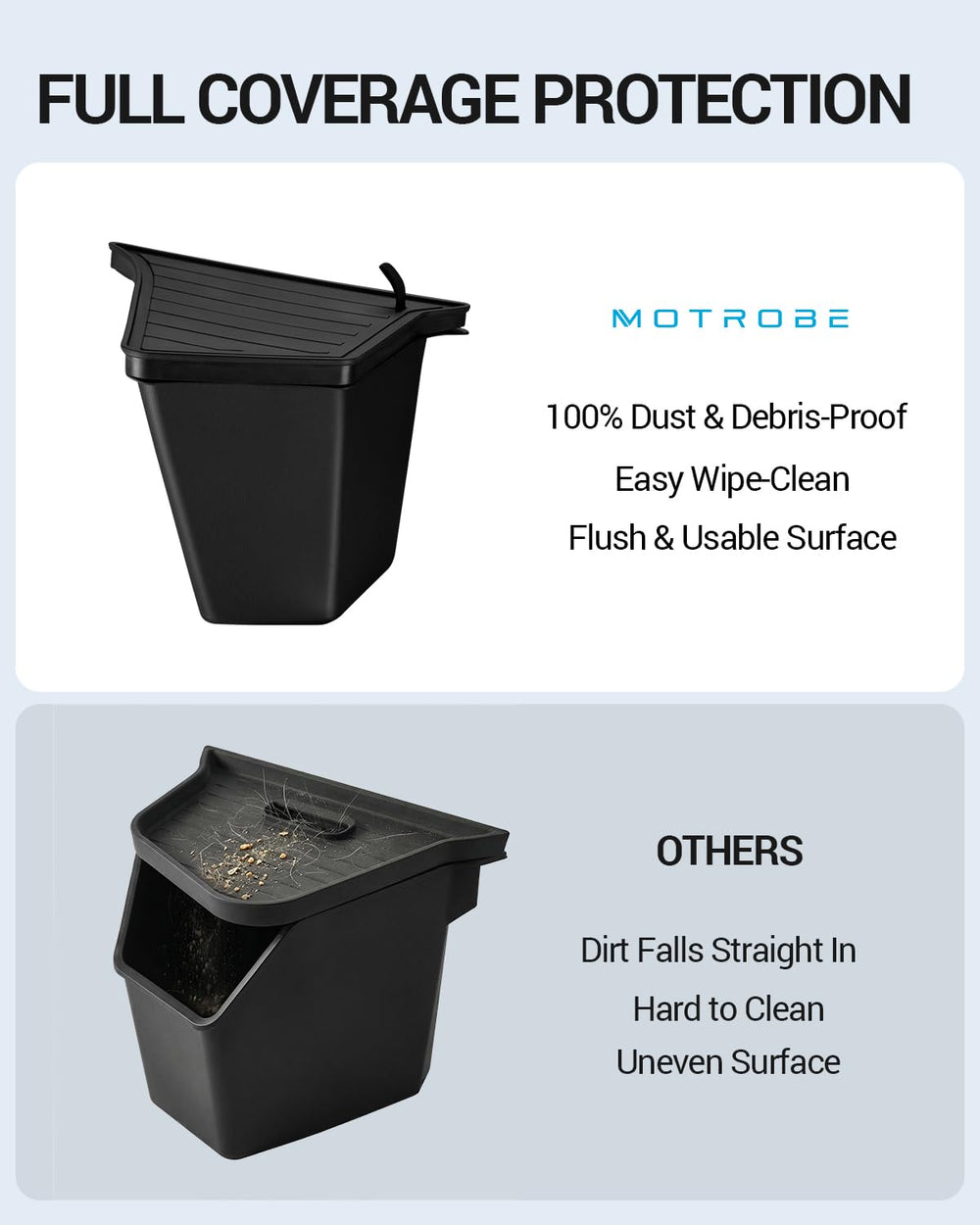 Motrobe top view with lid closed showing concealed storage and tidy look