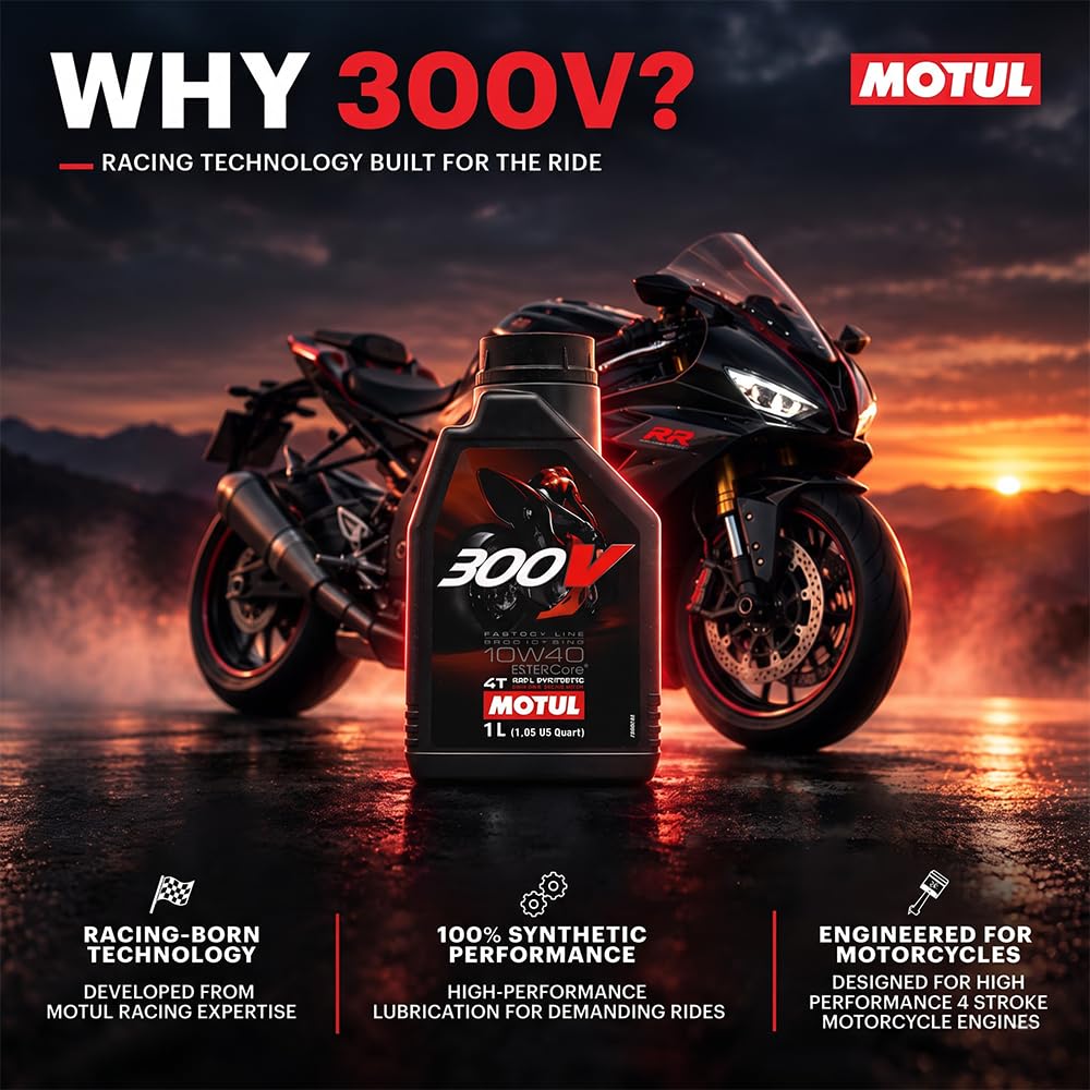 Motul 300V next to helmet for scale showing capacity benefit