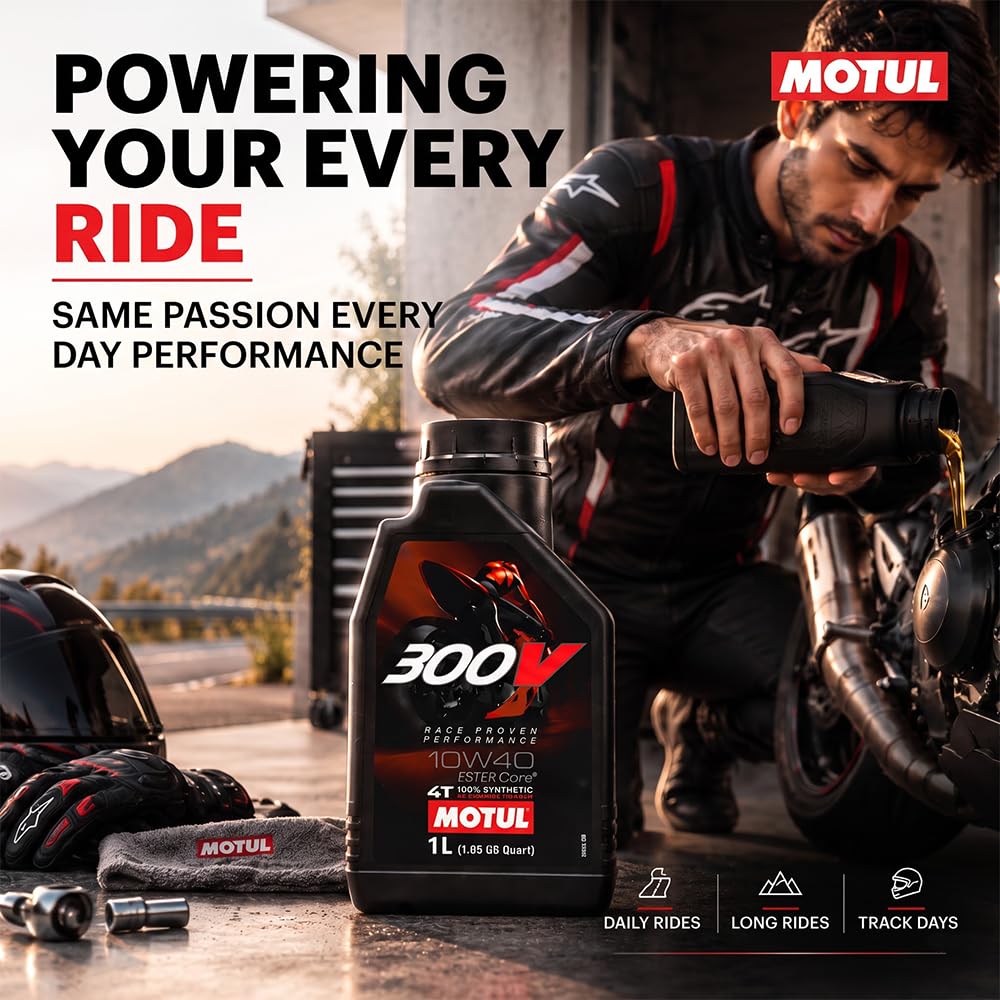 Motul 300V beside track bike in garage showing performance benefit