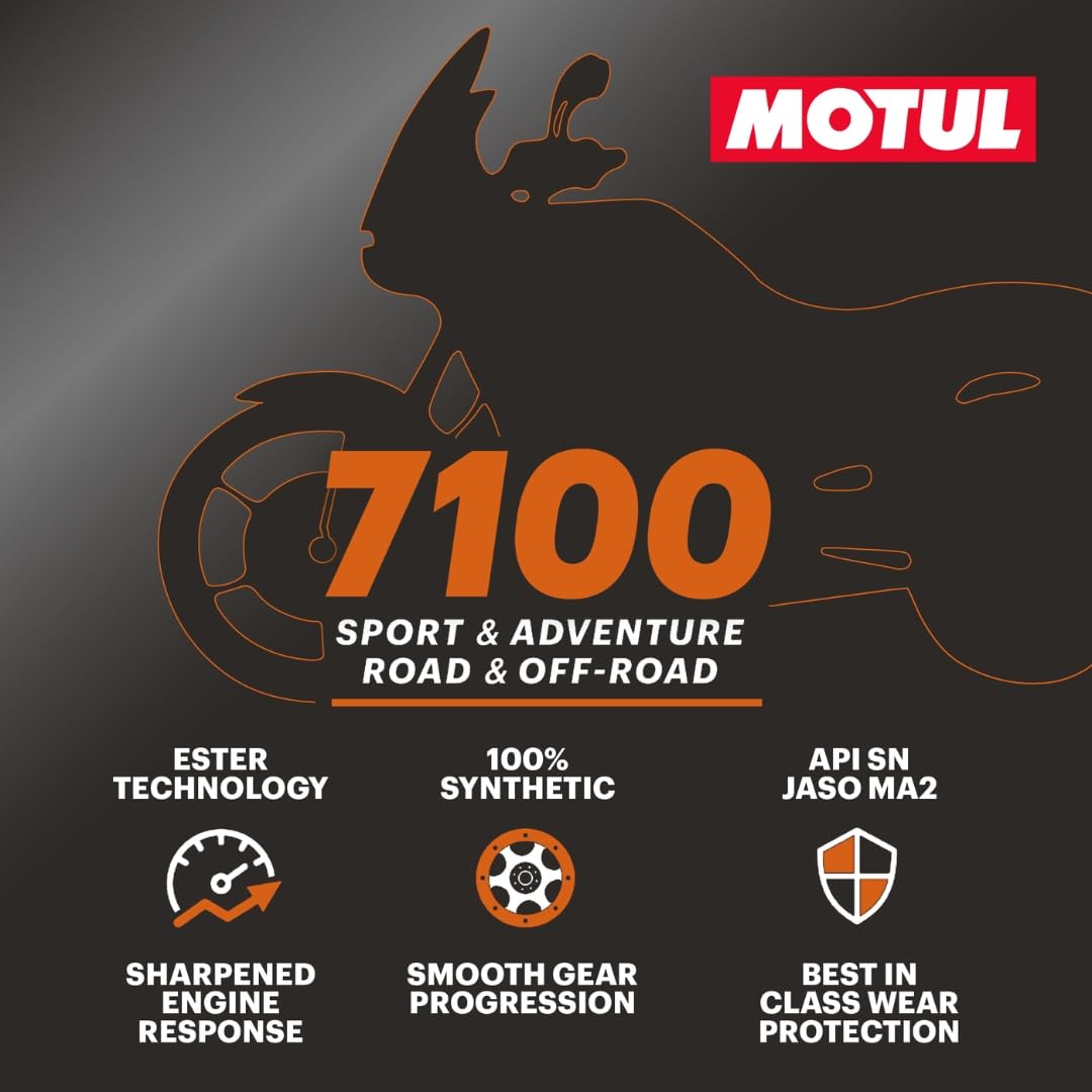 Motul 7100 bottle with sport motorcycle highlighting performance use
