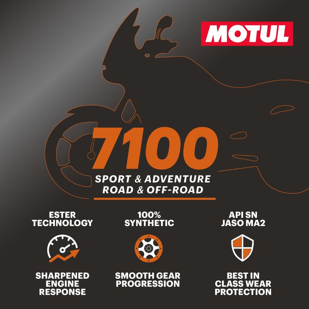 Motul 7100 bottle beside motorcycle engine illustrating fitment and maintenance benefit