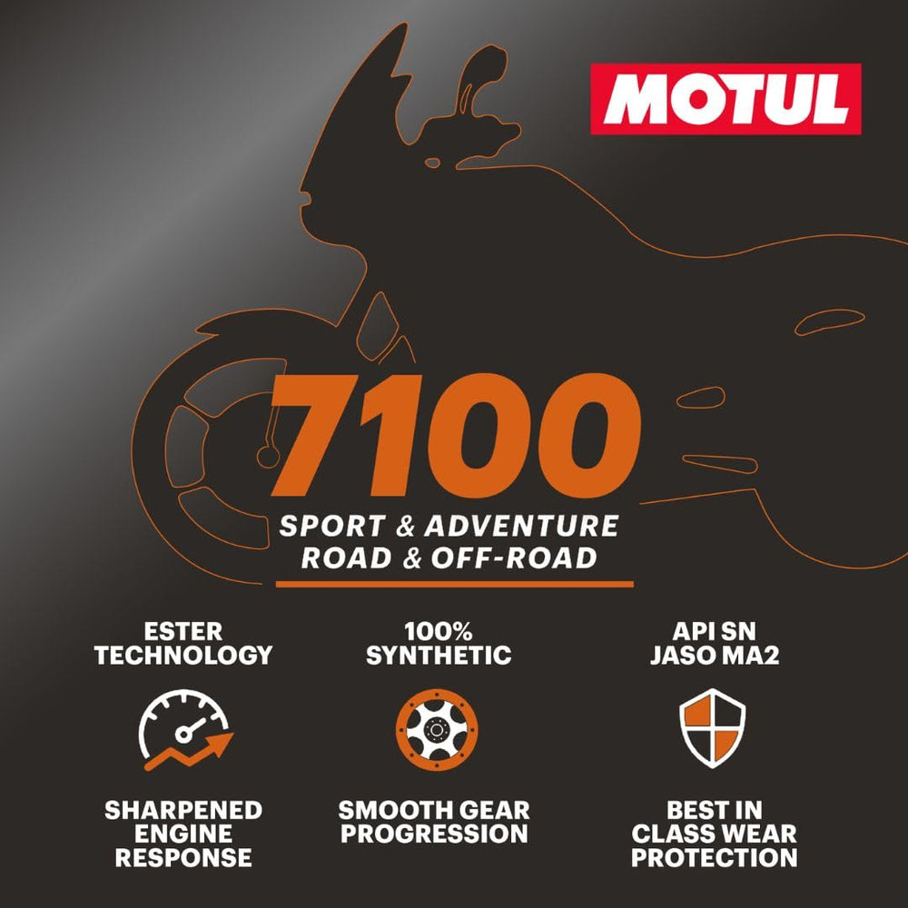 Motul 7100 bottle beside motorcycle engine illustrating fitment and maintenance benefit