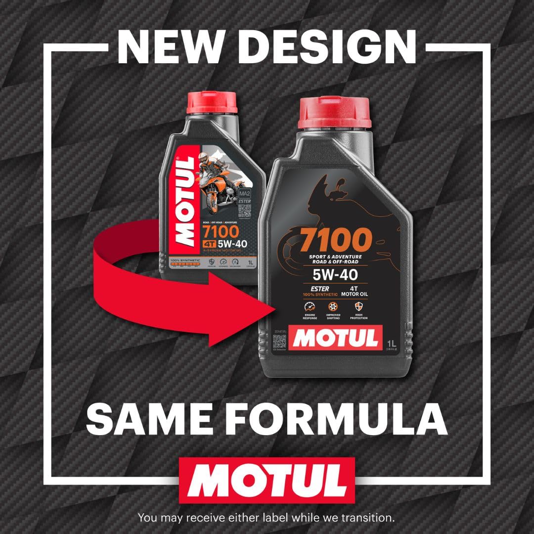 Motul 7100 bottle in rider gear setup conveying ready-to-ride reliability and protection