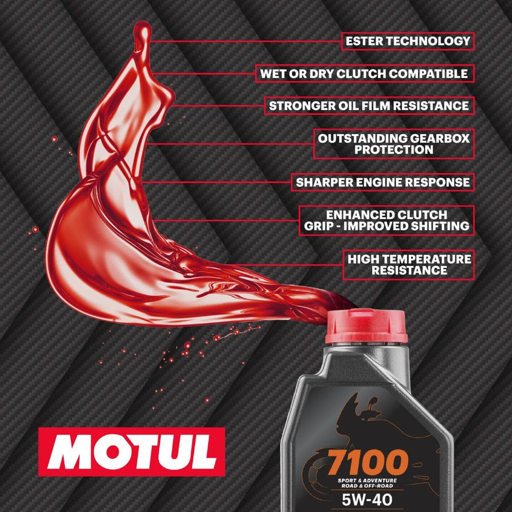 Motul 7100 being poured into a motorcycle oil fill neck for precise maintenance