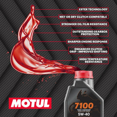 Motul 7100 being poured into a motorcycle oil fill neck for precise maintenance