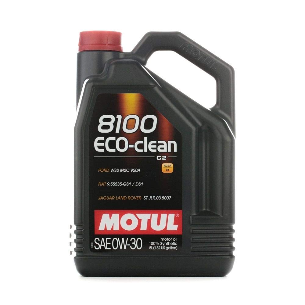 Motul 8100 ECO-clean front packaging showing 5L container and clear brand benefit