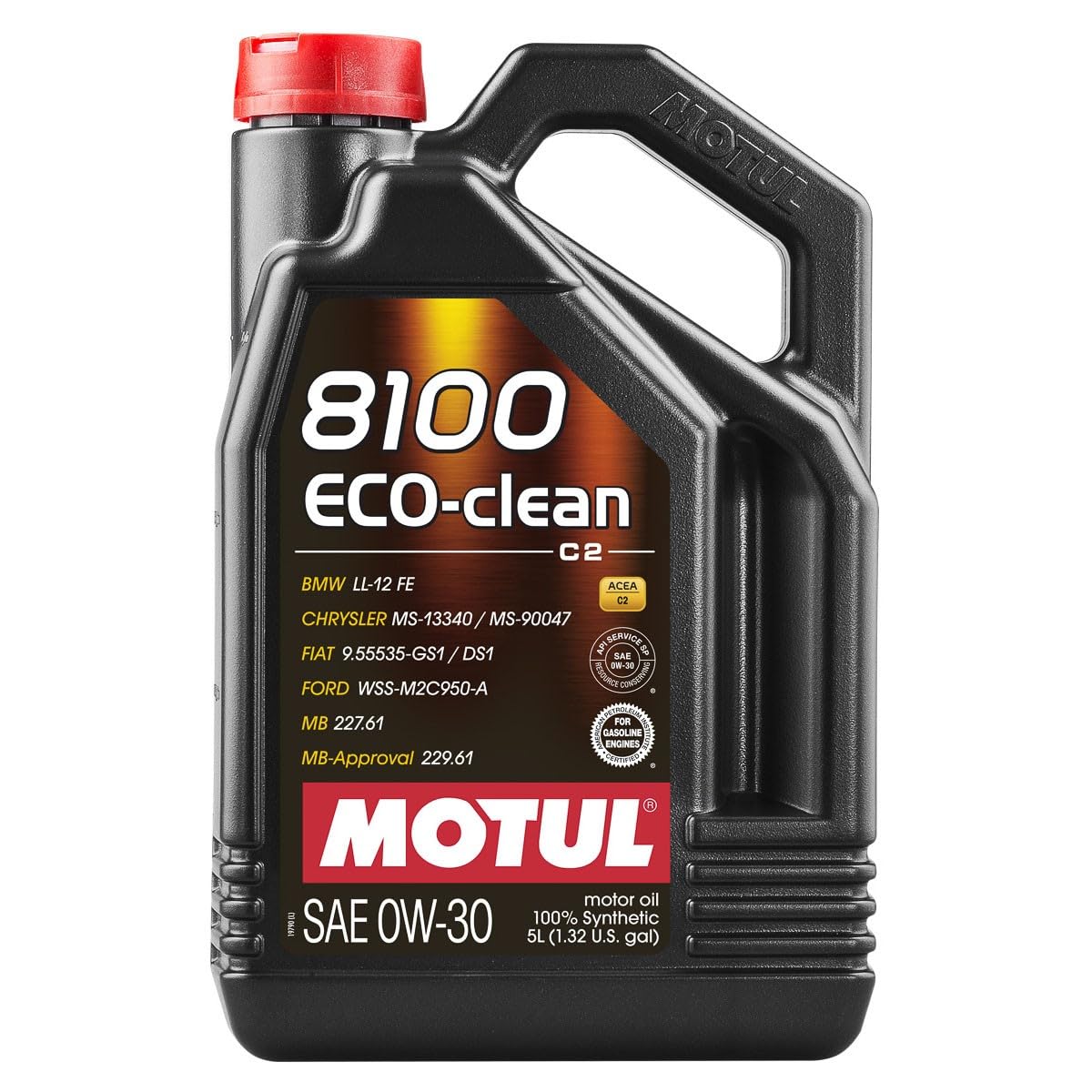 Motul 8100 ECO-clean closeup of pour spout and label highlighting specifications