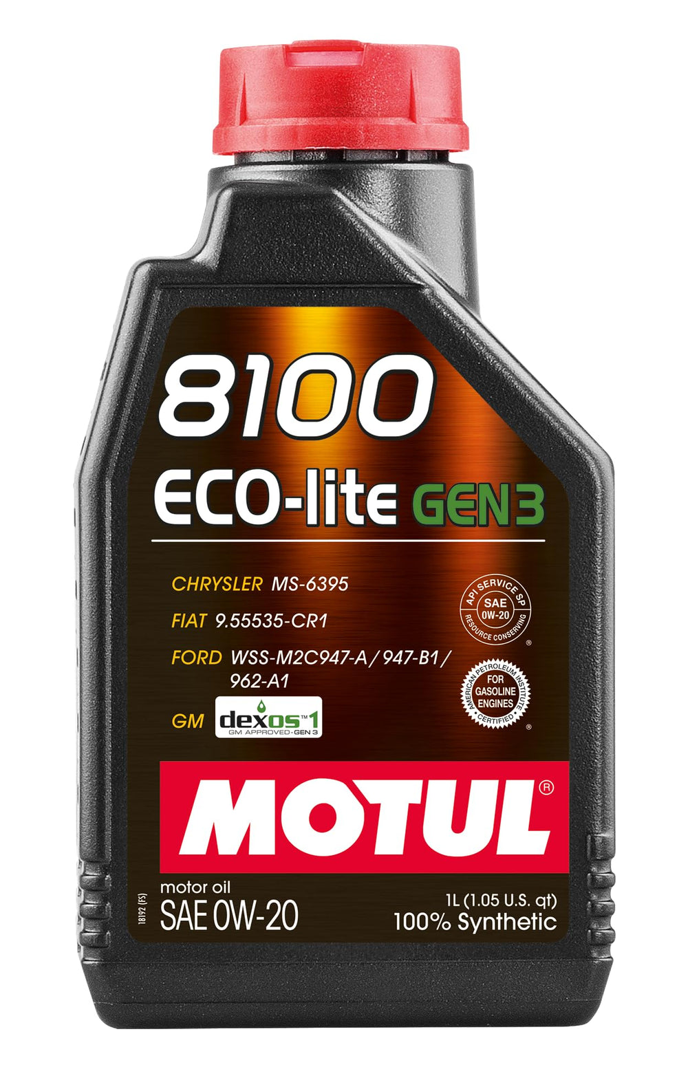 Motul 8100 ECO-lite Gen3 front bottle view showing label and fuel-efficiency benefit