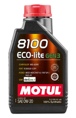 Motul 8100 ECO-lite Gen3 front bottle view showing label and fuel-efficiency benefit