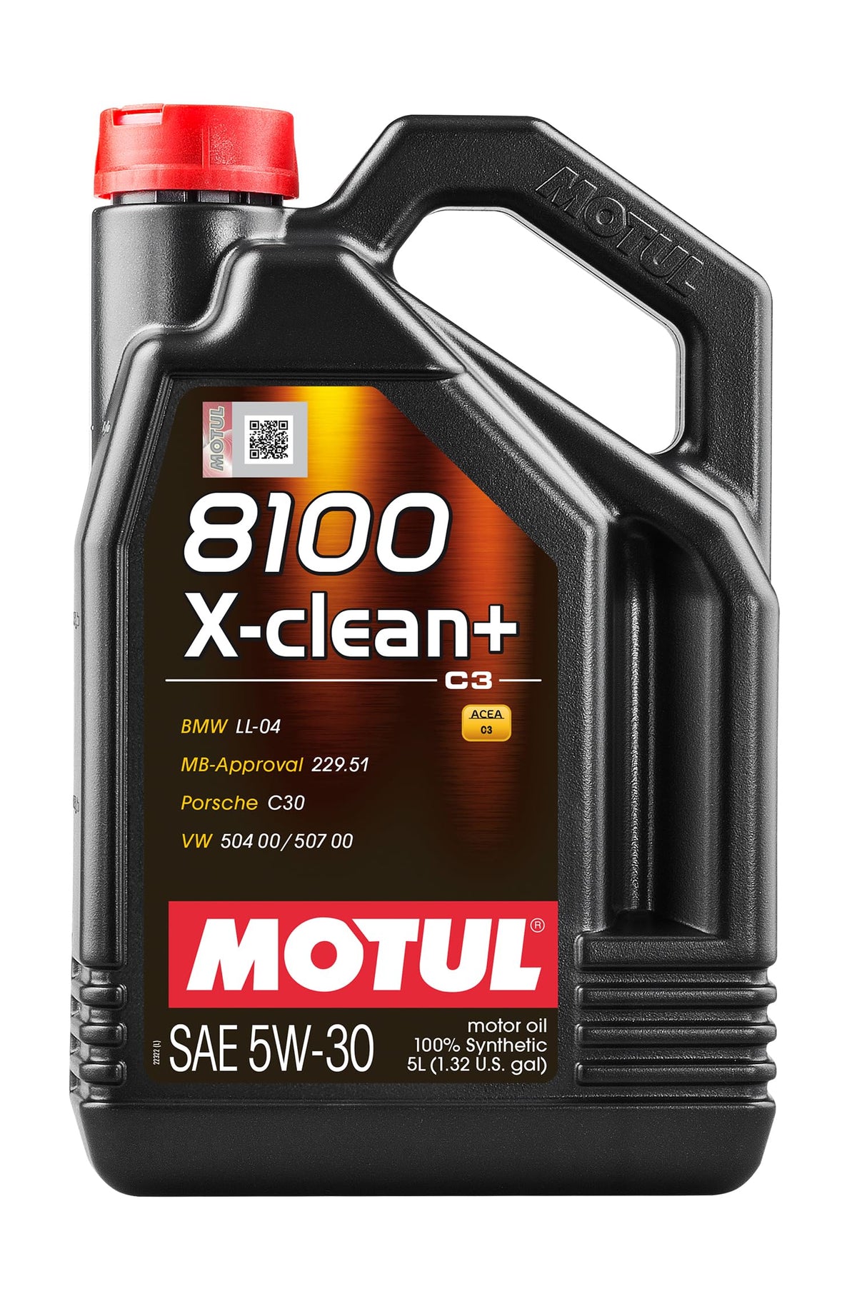 Motul 8100 X-Clean 5W-30 front bottle view showing label and OEM approvals