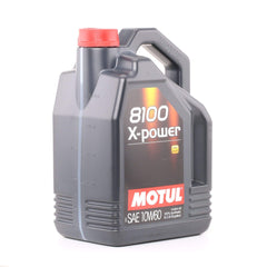 Motul 8100 X-Power front packaging showing 5L container and easy-pour spout benefit