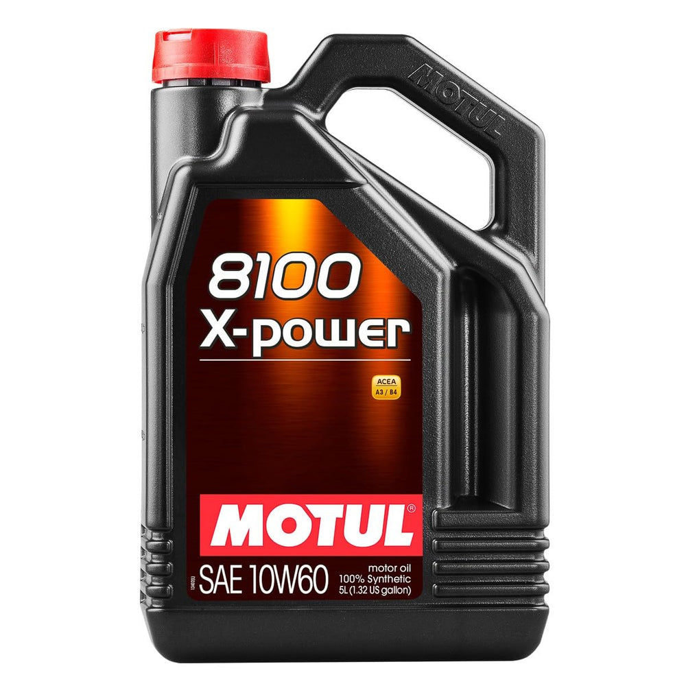 Motul 8100 label closeup highlighting ester-based formula and high-temp protection benefit