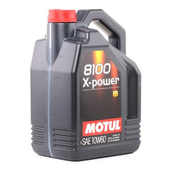 Motul 8100 next to measuring jug showing 5L capacity and value-for-performance benefit