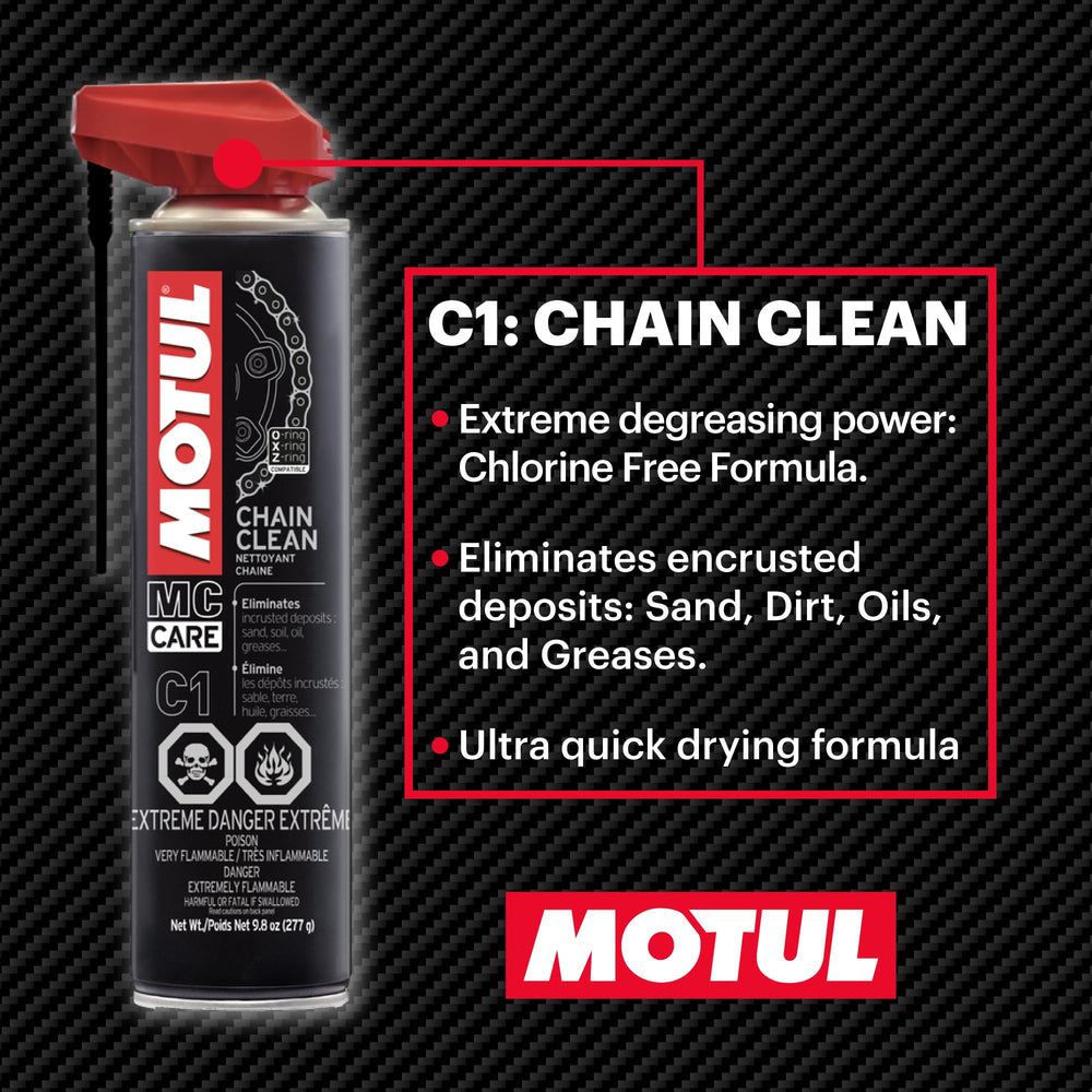 Motul Chain Clean C1 spray close-up dissolving grime for easier cleaning