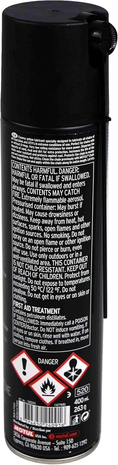 Motul chain cleaner label detail, product instructions visible for safe use