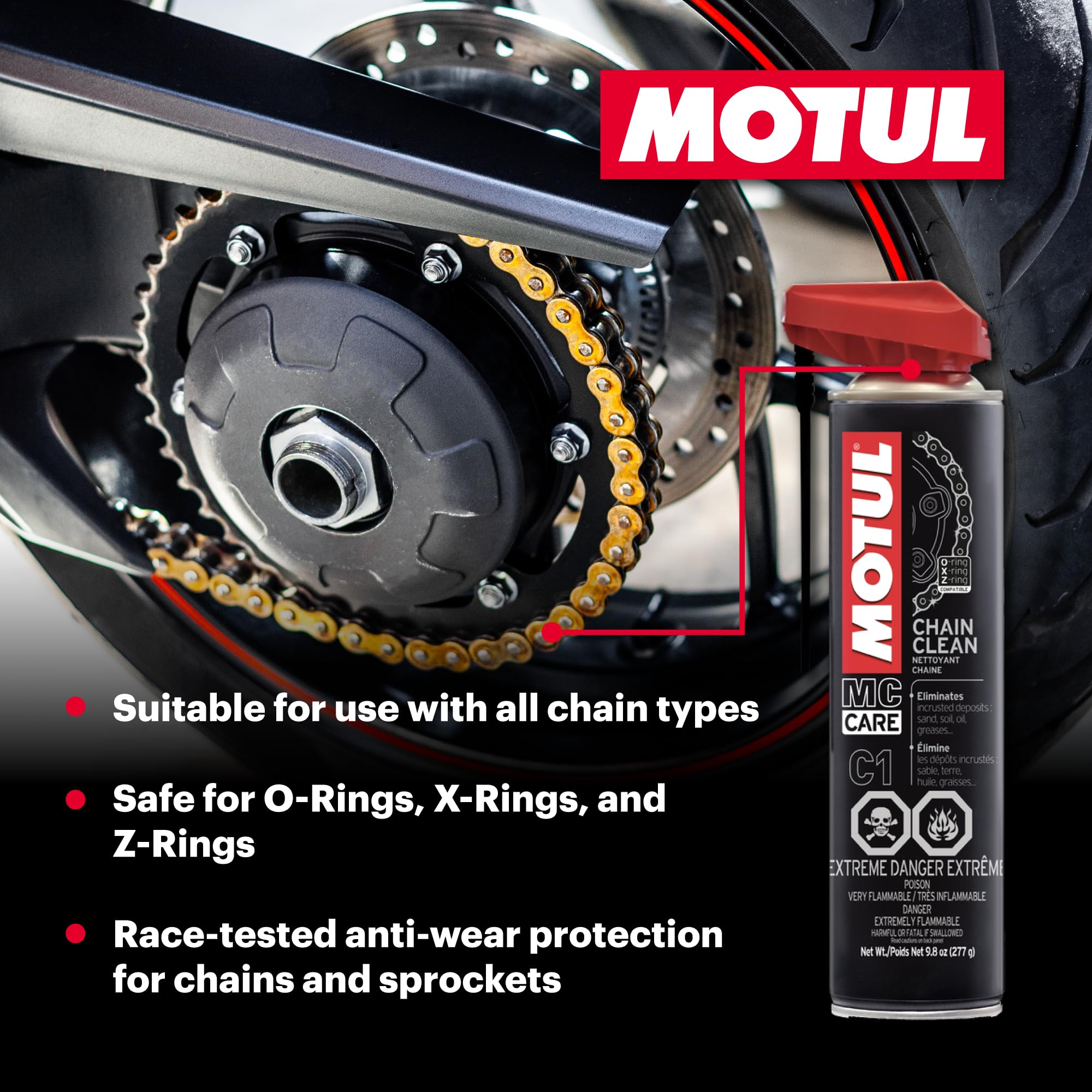 Motul Chain Lube C3 being applied to chain to improve lubrication and protection