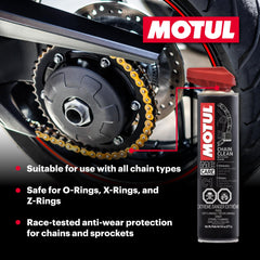 Motul Chain Lube C3 being applied to chain to improve lubrication and protection
