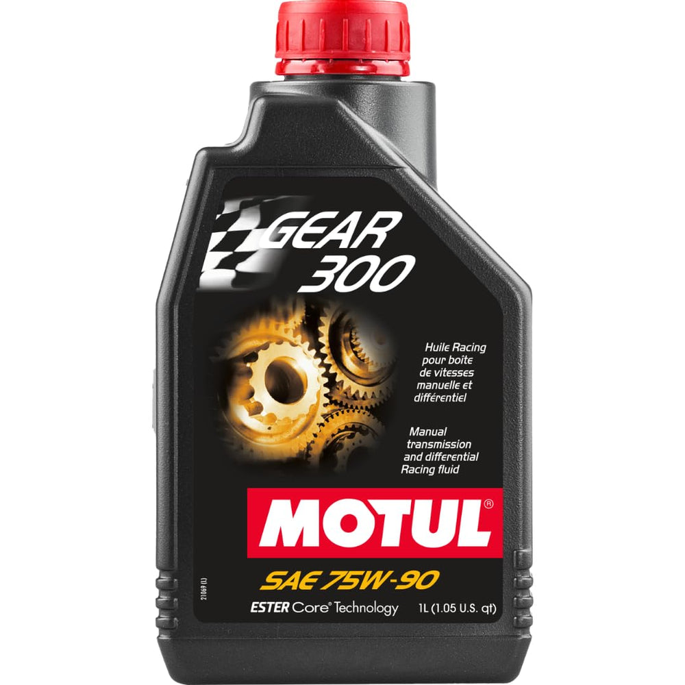 Motul Gear 300 front bottle showing label and performance benefits