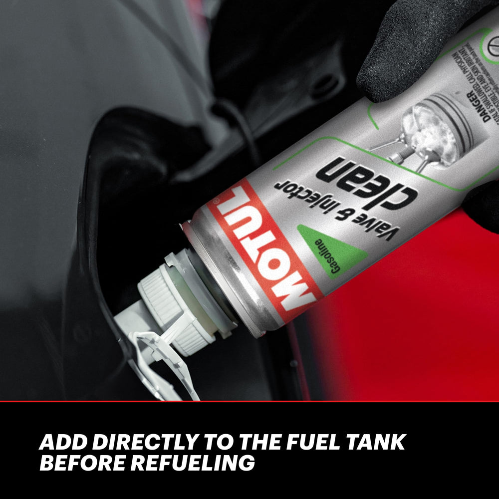 close-up of Motul label highlighting high-detergent formula and compatibility benefits