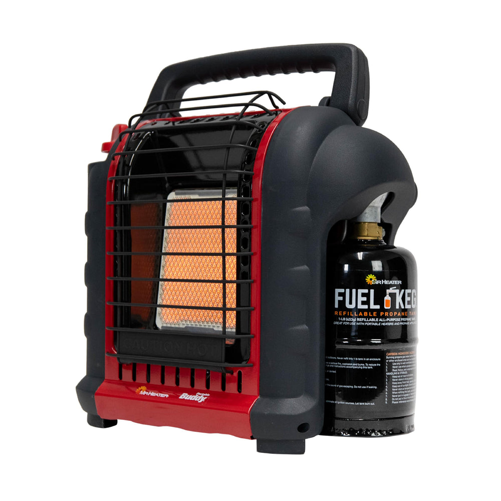 Mr Heater front view showing compact portable heater and quick warmth