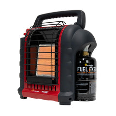 Mr Heater front view showing compact portable heater and quick warmth