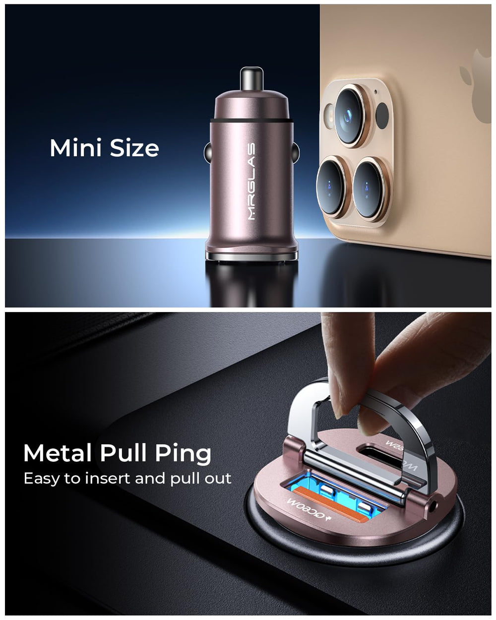 MRGLAS installed in car lighter socket demonstrating stable charging on road