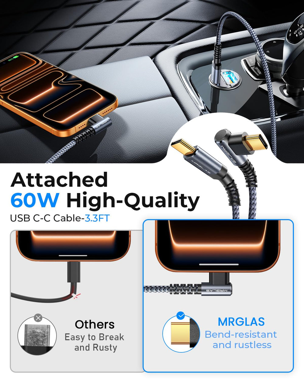 MRGLAS USB-C and USB-A ports closeup showing dual fast-charge support