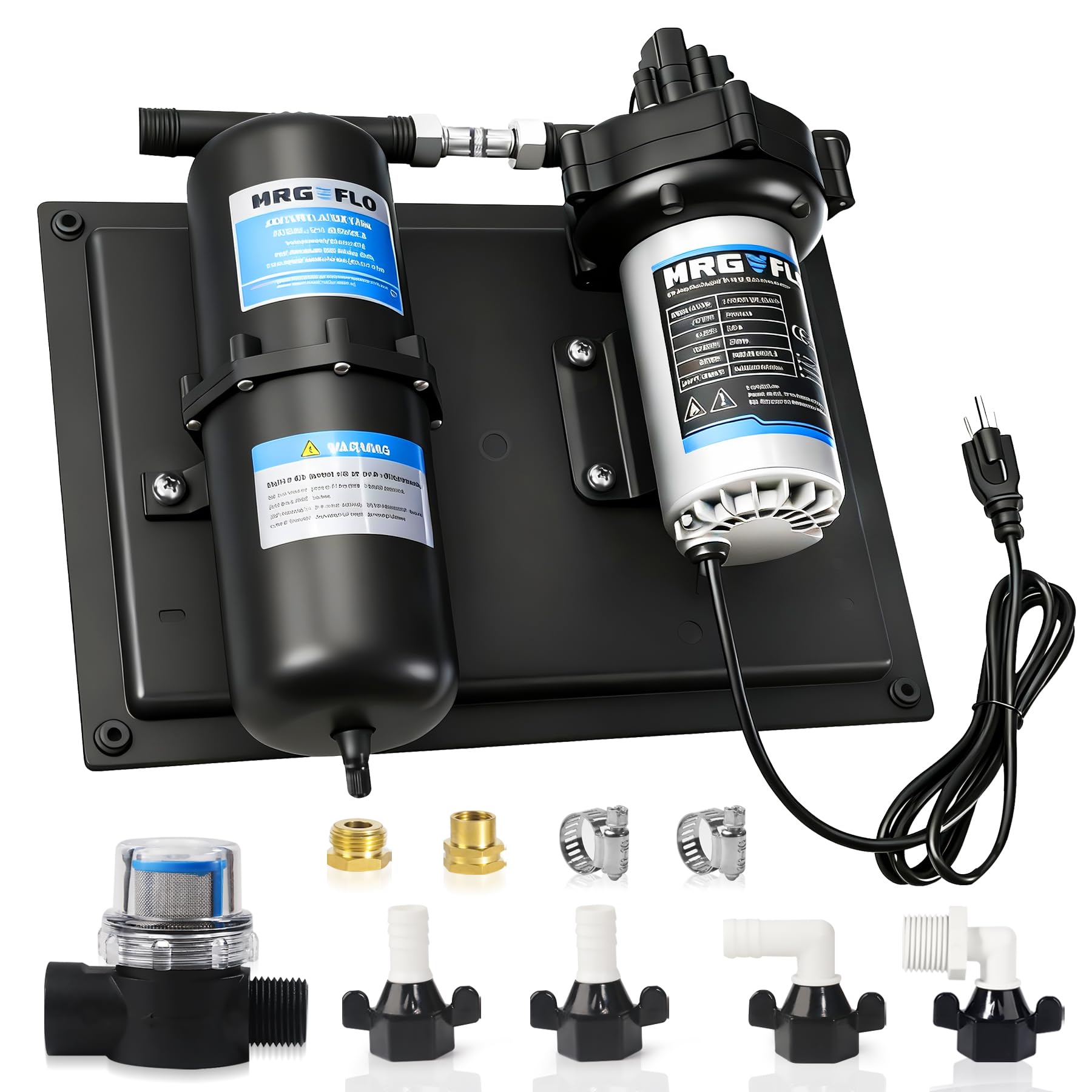 MRGVFLO front view of pump and tank showing compact durable design and quiet benefit