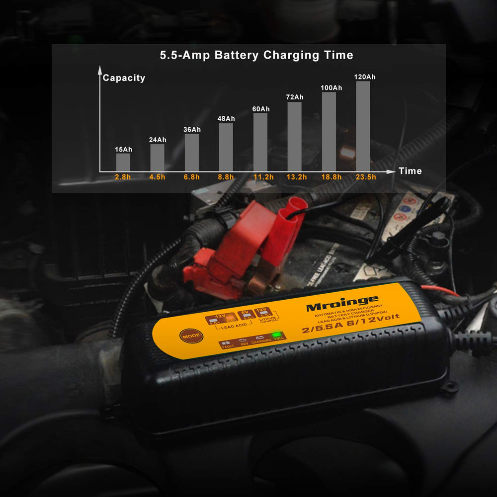 Mroinge charger LED indicator closeup displaying charge stage and diagnostics