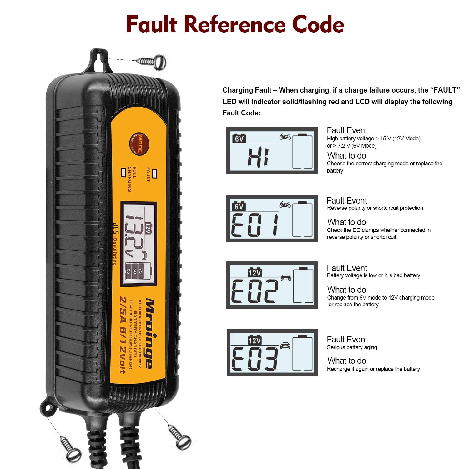 Mroinge on a garage workbench charging motorcycle battery for dependable maintenance