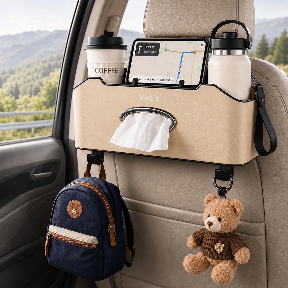 Mu&Ti front view of back seat organizer showing pockets and cup holders for tidy storage