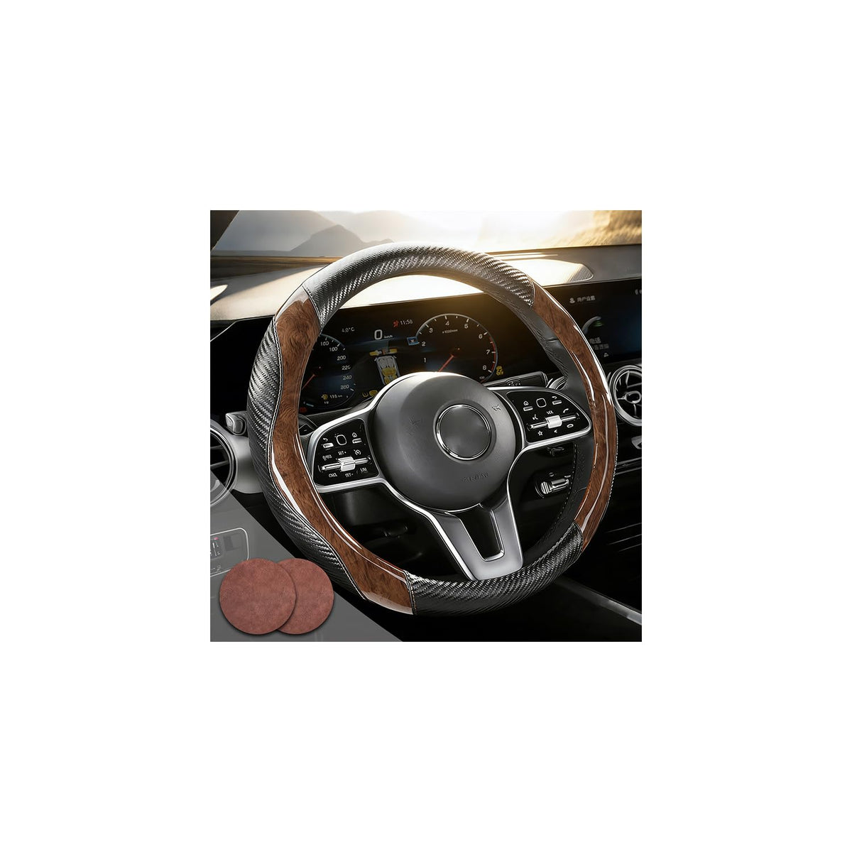 Muamos steering wheel front view showing full wood grain and improved style