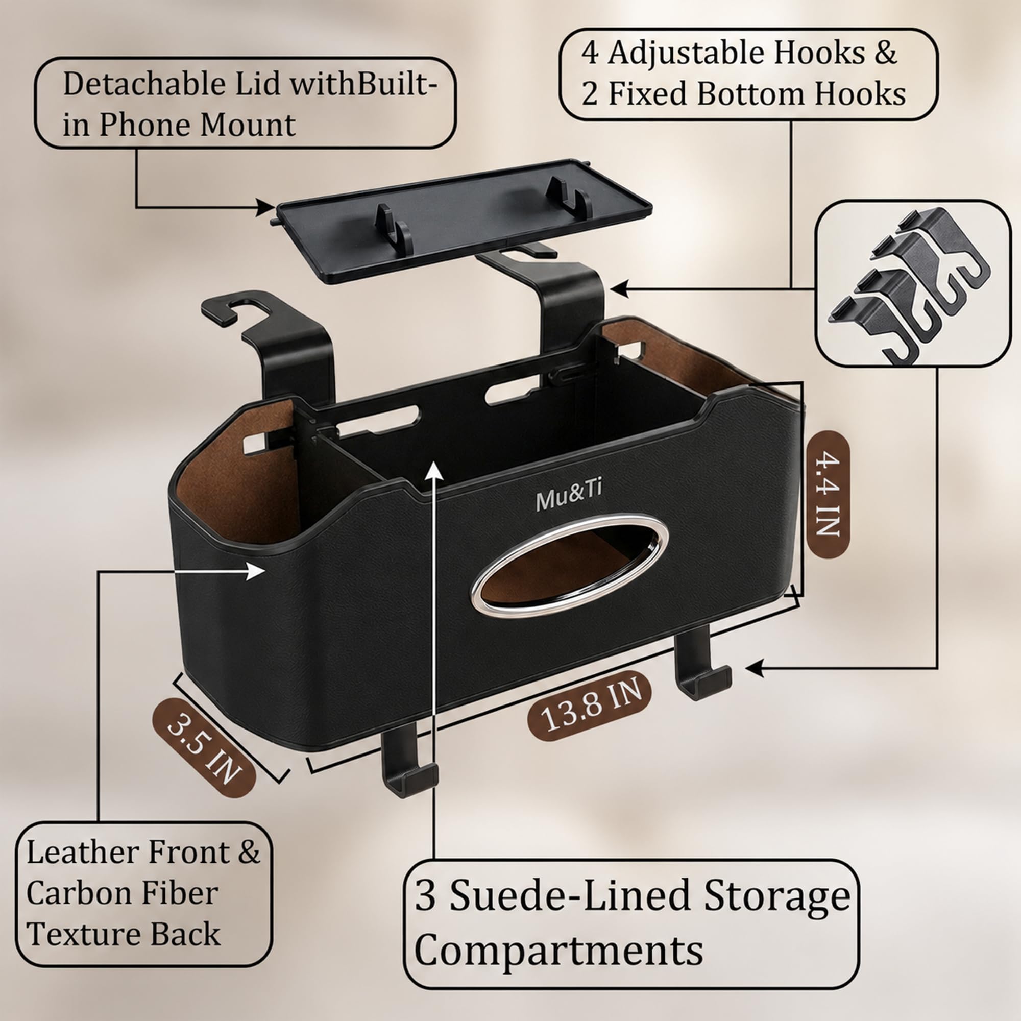 Mu&Ti tissue box and phone stand detail for easy access