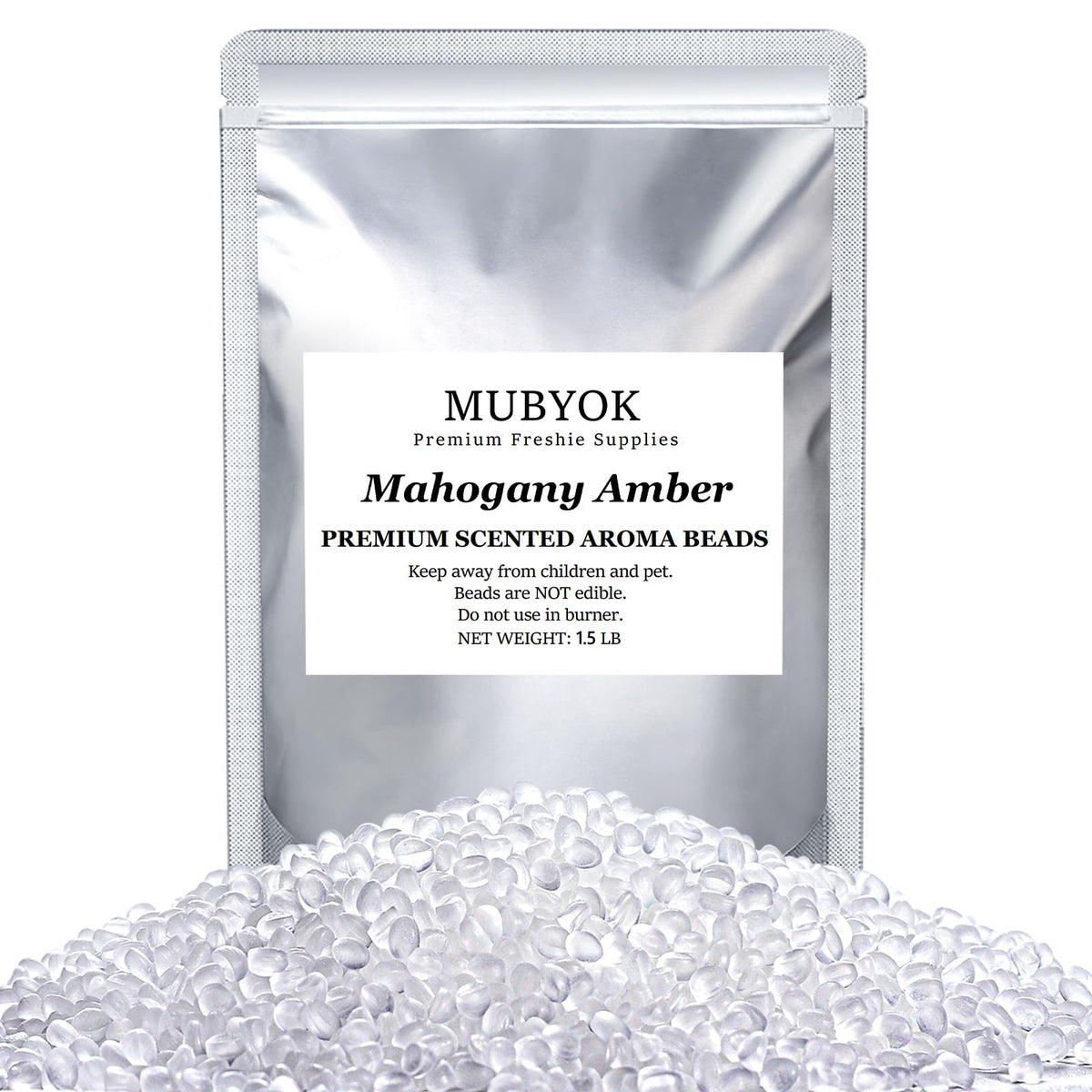 MUBYOK front packaging showing mahogany amber beads and benefits