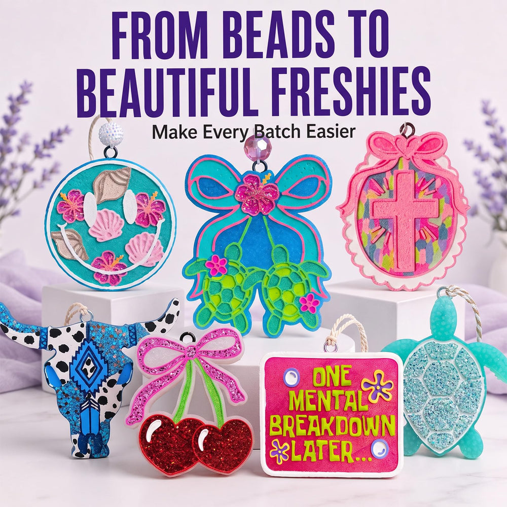 MUBYOK beads with molds and cords illustrating complete freshie supply kit