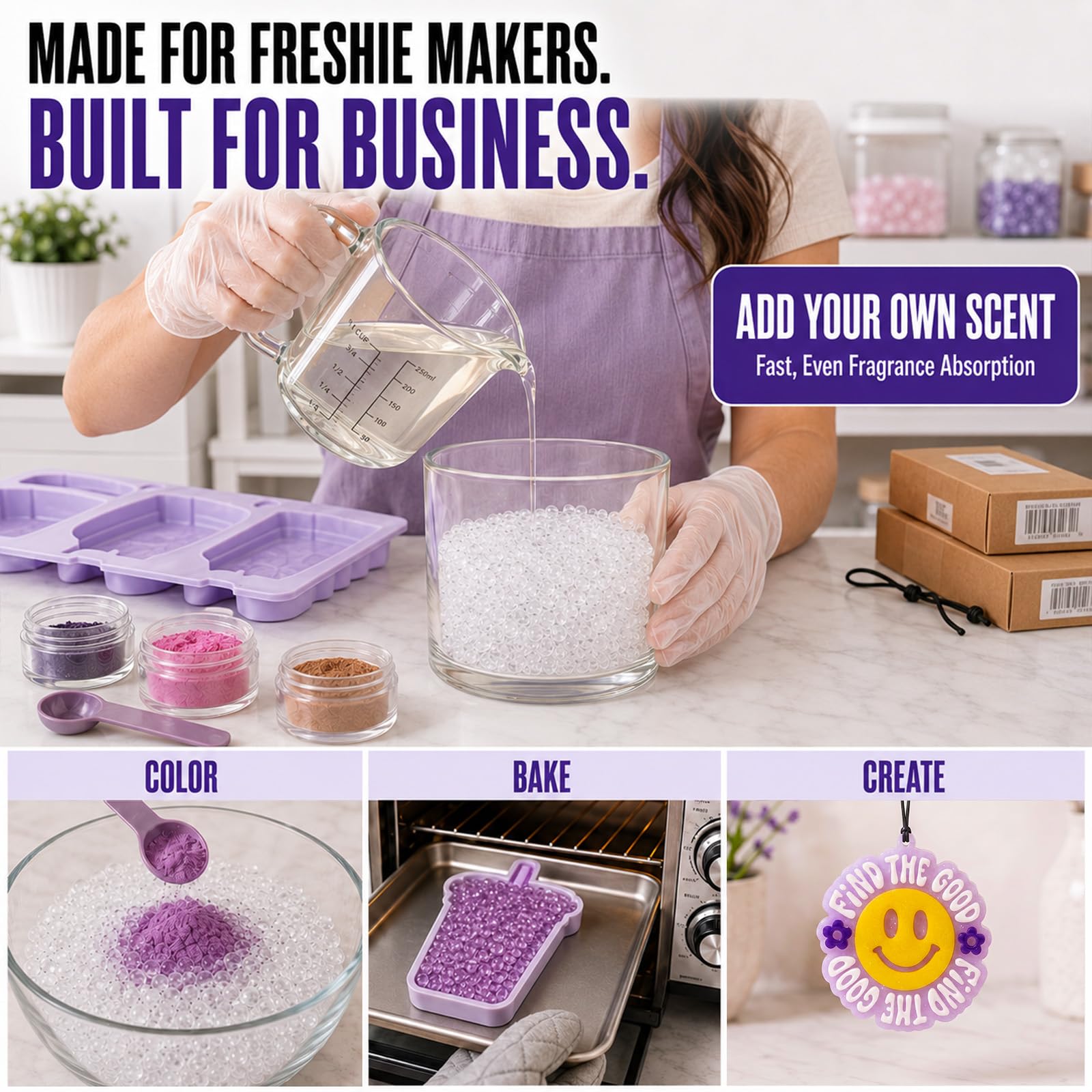 MUBYOK beads in a mixing container illustrating easy scenting workflow