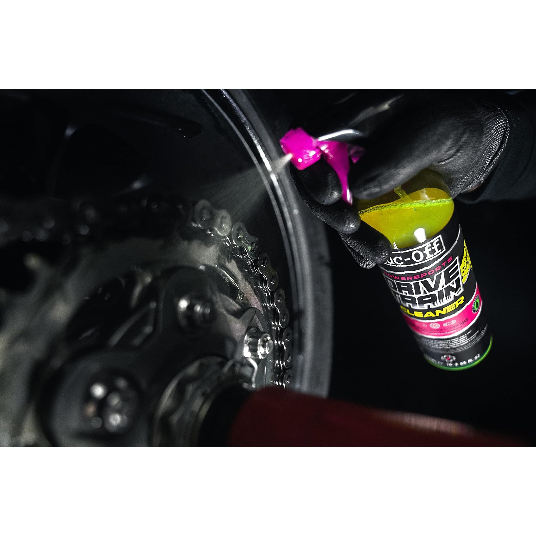Clean motorcycle drivetrain after Muc-Off use highlighting restored performance benefit