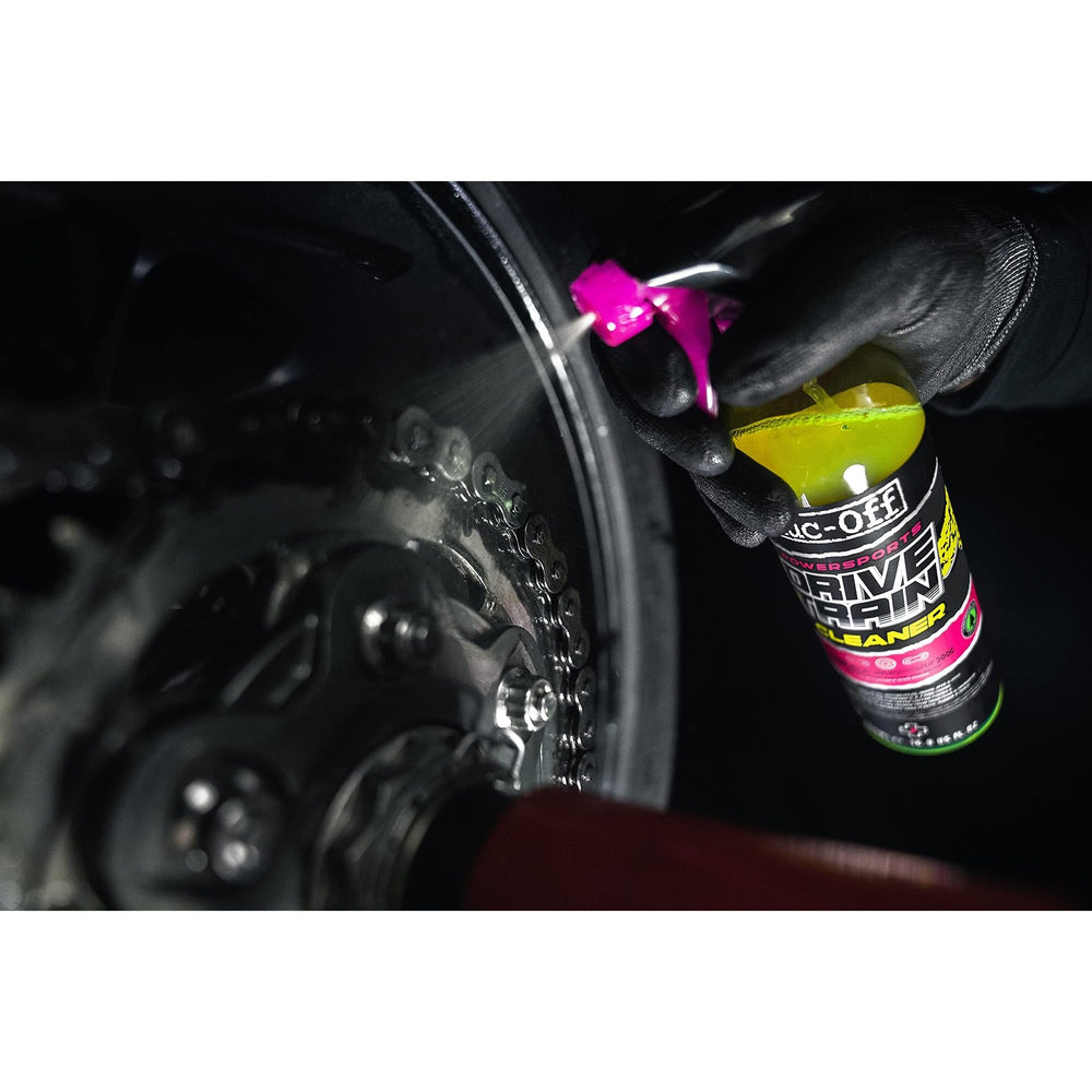 Clean motorcycle drivetrain after Muc-Off use highlighting restored performance benefit