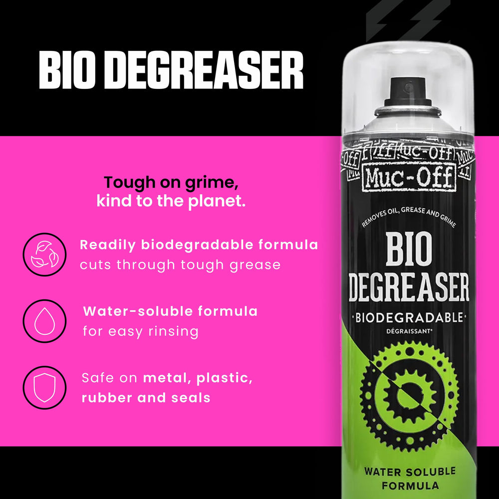 Close-up of Muc-Off label text and cap, highlighting product details and easy-dispense cap