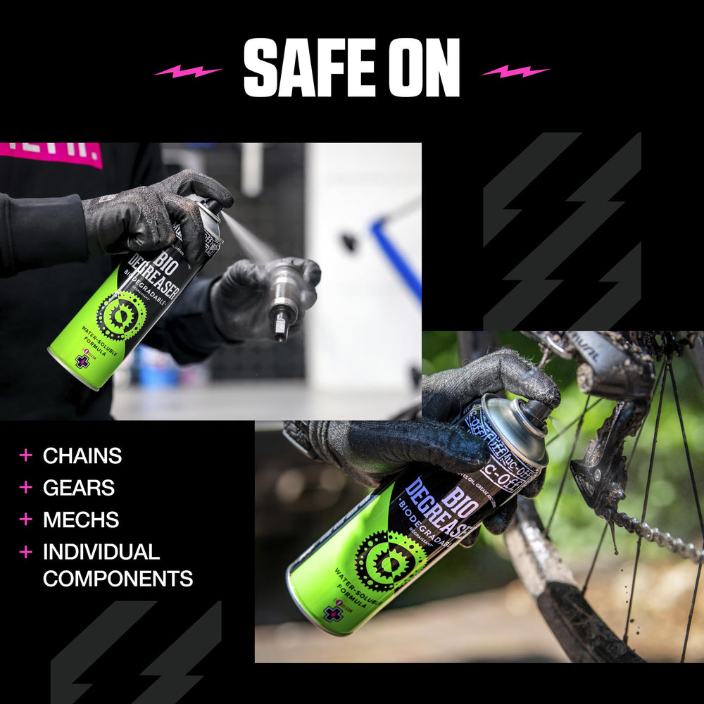 Chain-cleaner tool applying Muc-Off degreaser to chain for deep penetration and grime removal