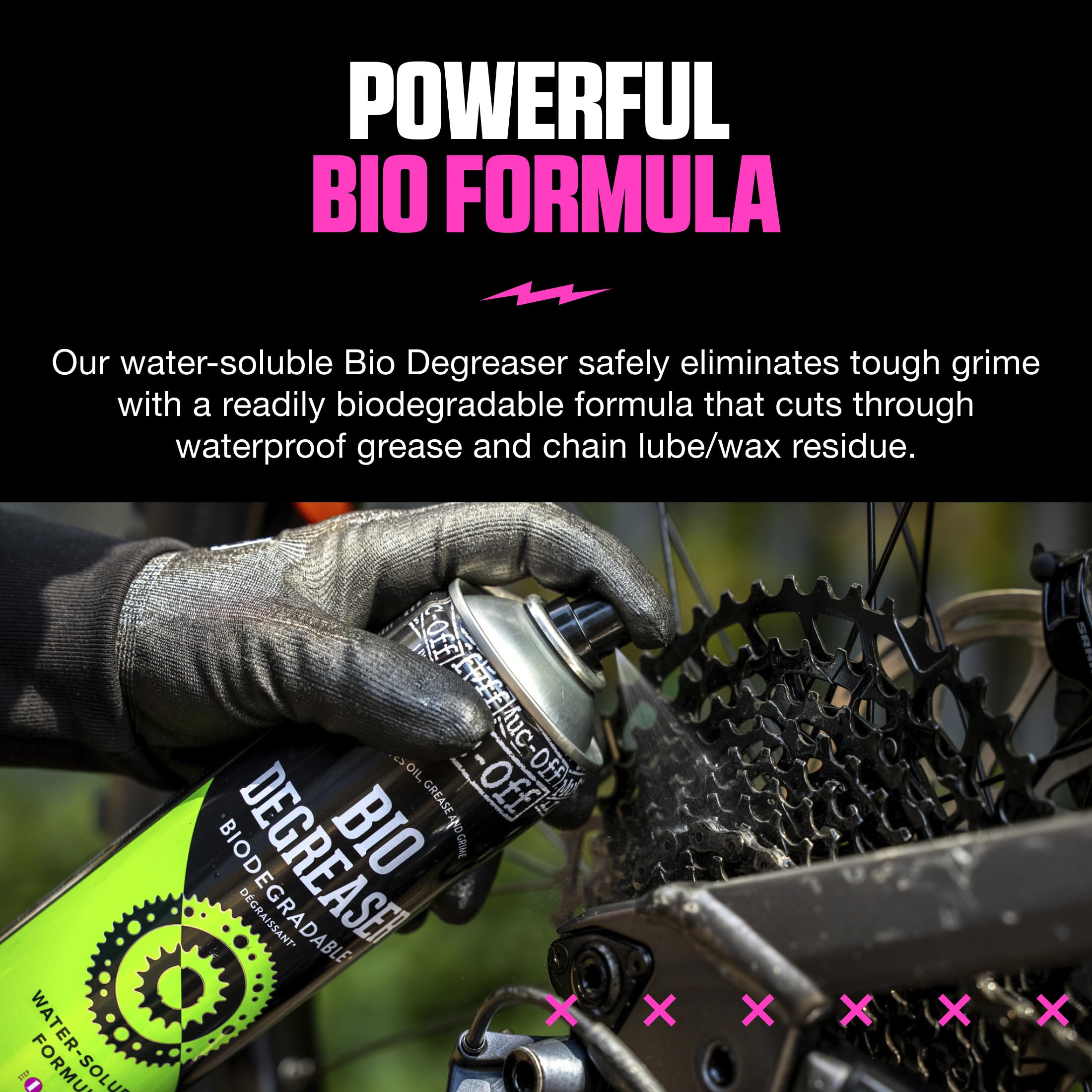 Muc-Off degreaser pouring onto cassette, demonstrating targeted application and fast action