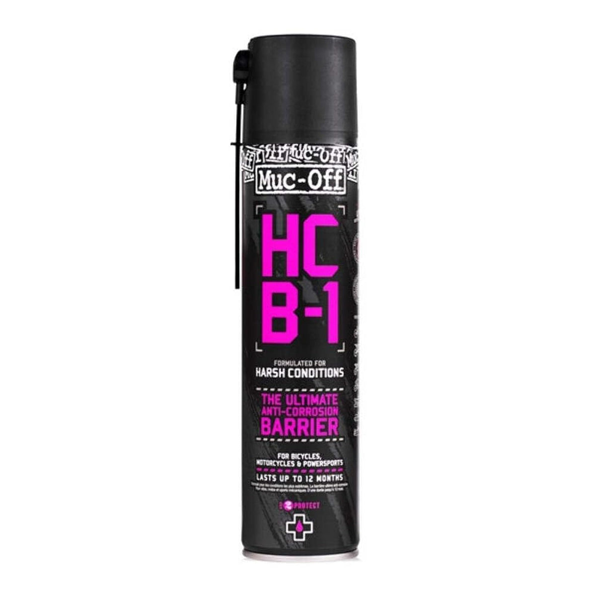 Muc-Off HCB-1 aerosol can front view showing label and spray benefit