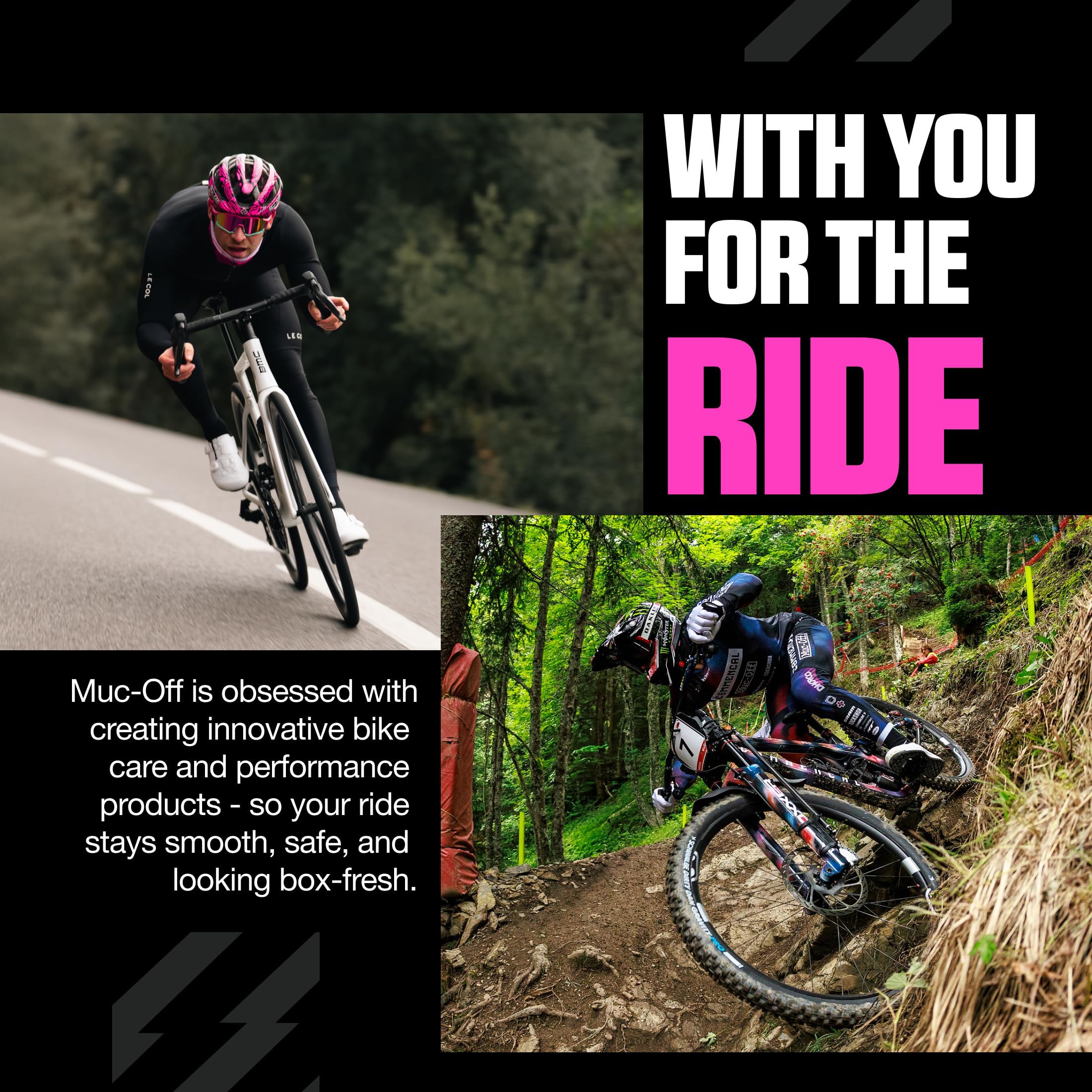 Cyclist cleaning a bike with Muc-Off degreaser in a neat outdoor setup for easy rinsing