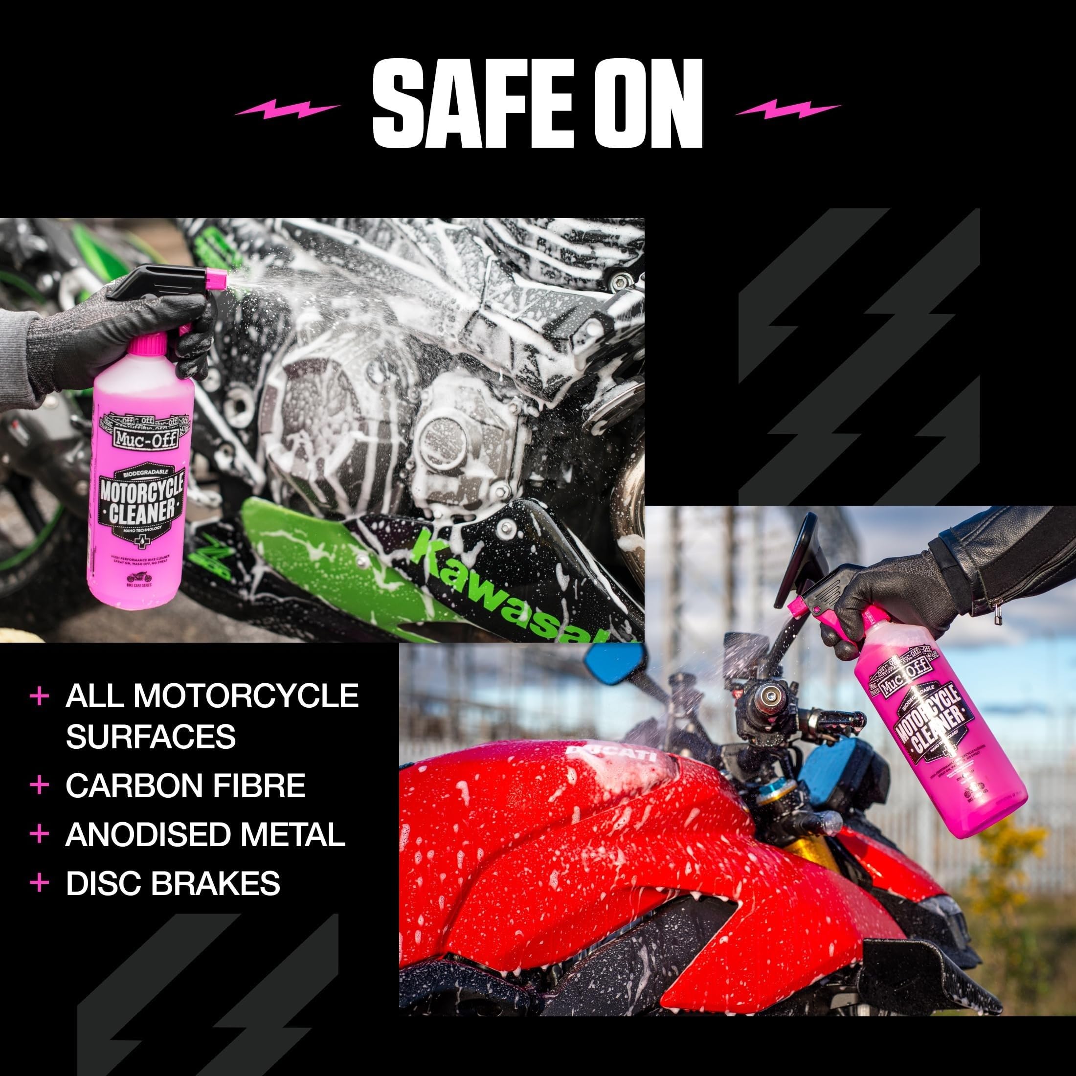 Motorcycle covered in pink Muc-Off foam showing effective dirt lifting action