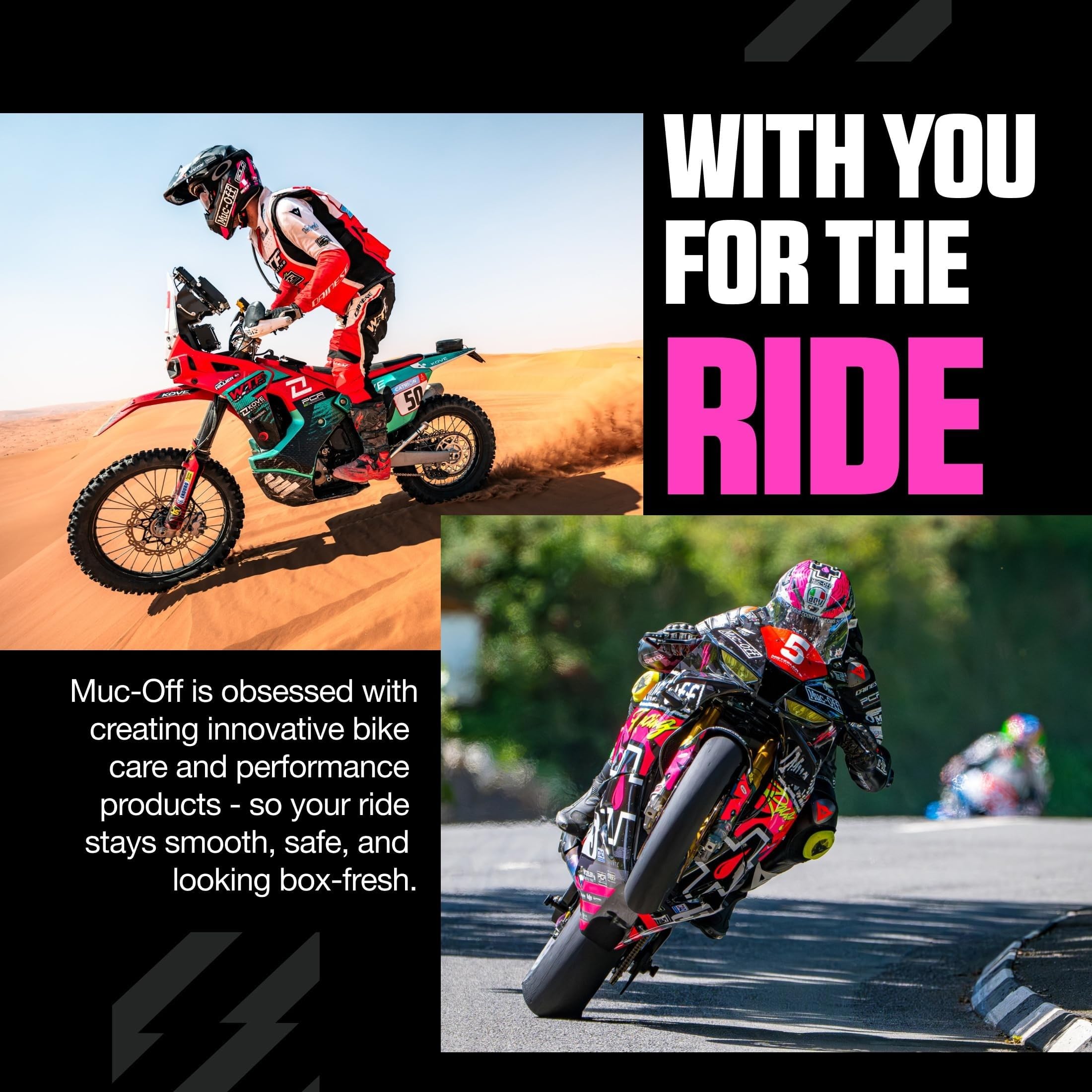 Garage scene with Muc-Off 1L beside a cleaned motorcycle showing finish protection