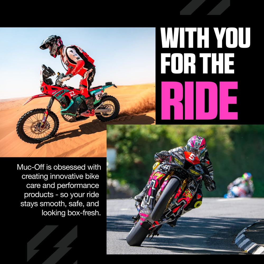 Garage scene with Muc-Off 1L beside a cleaned motorcycle showing finish protection
