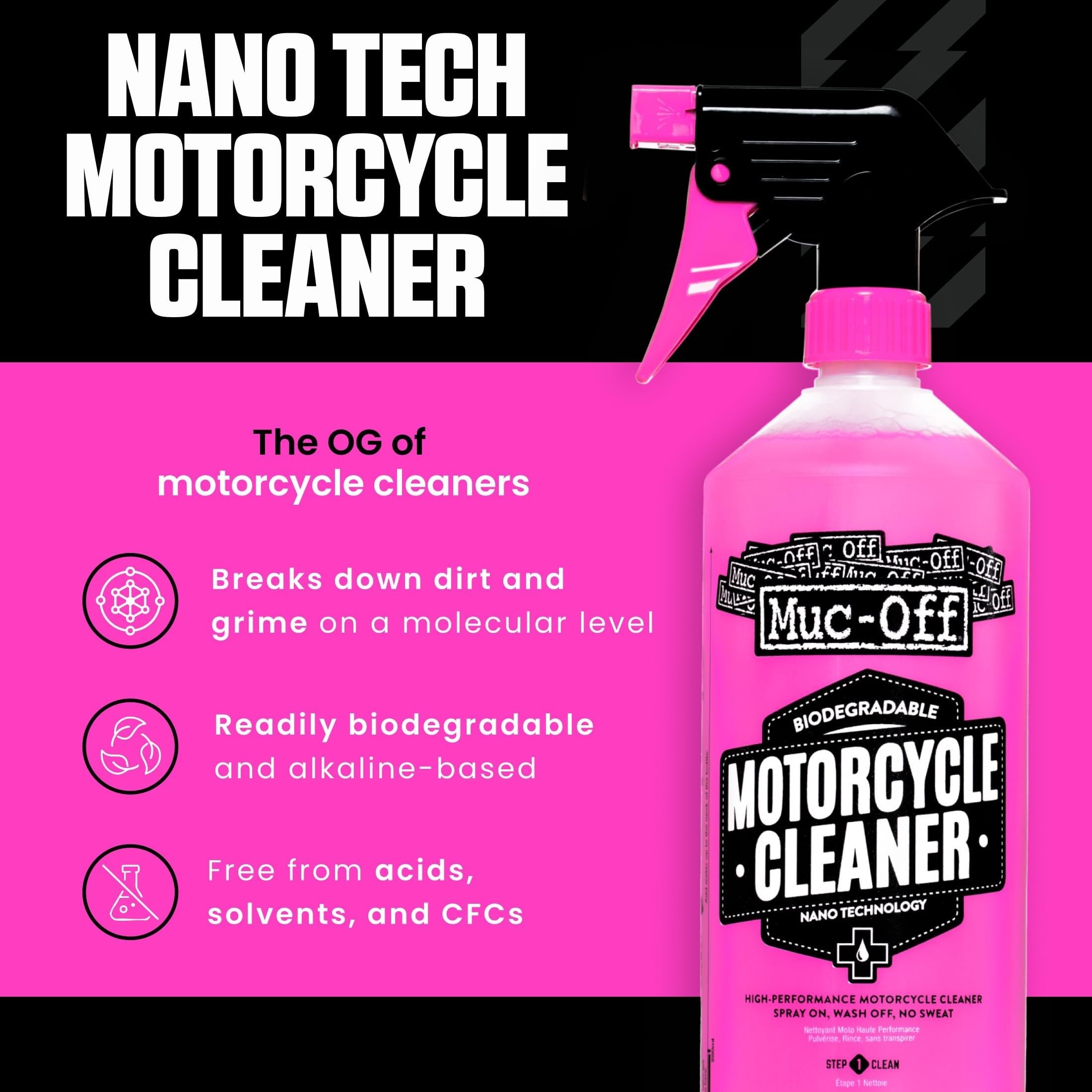 Muc-Off cleaner being poured from 1L bottle demonstrating easy refills and economy